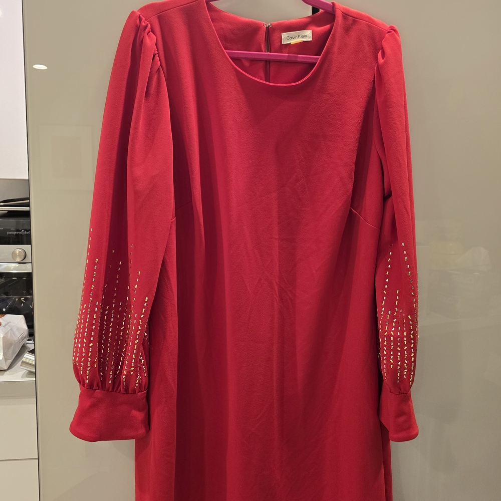 Calvin Klein Red Long Sleeve Dress with Embellished Sleeves